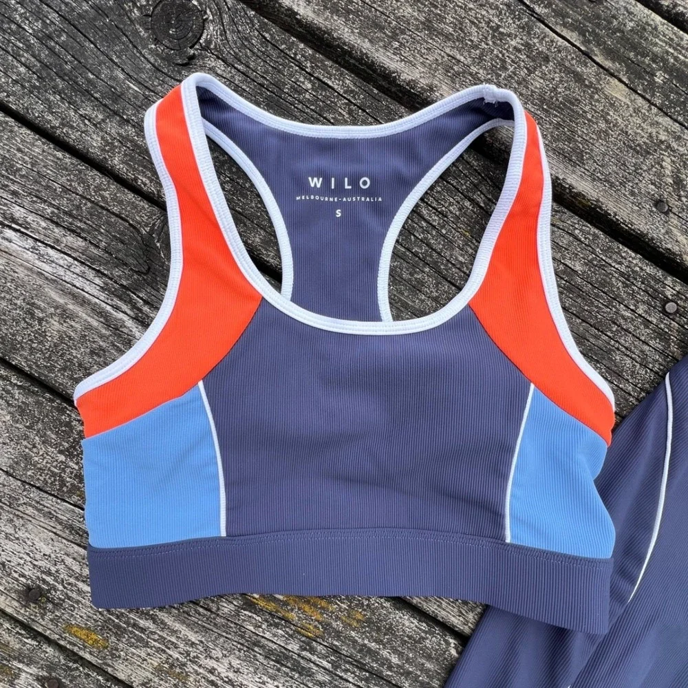 WILO Activewear Set Women Small Blue Orange Ribbed Colorblock Sports Bra Legging